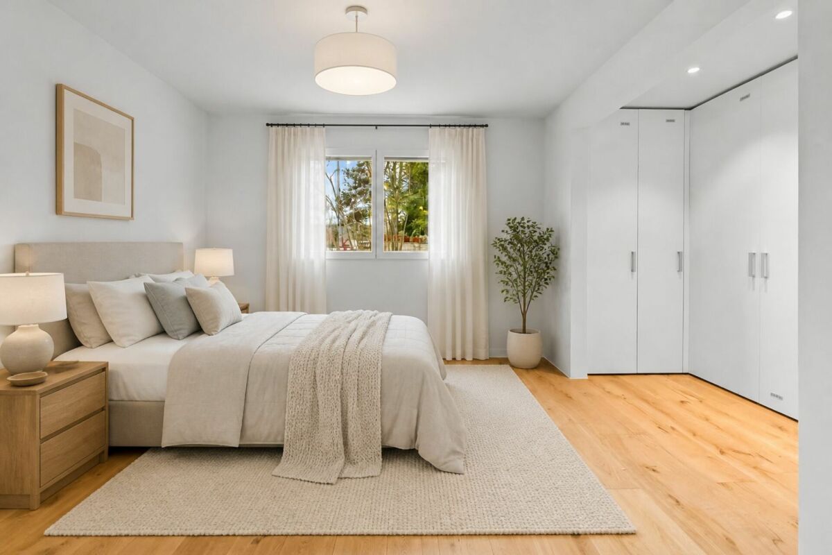 Helles, minimalistisches Schlafzimmer