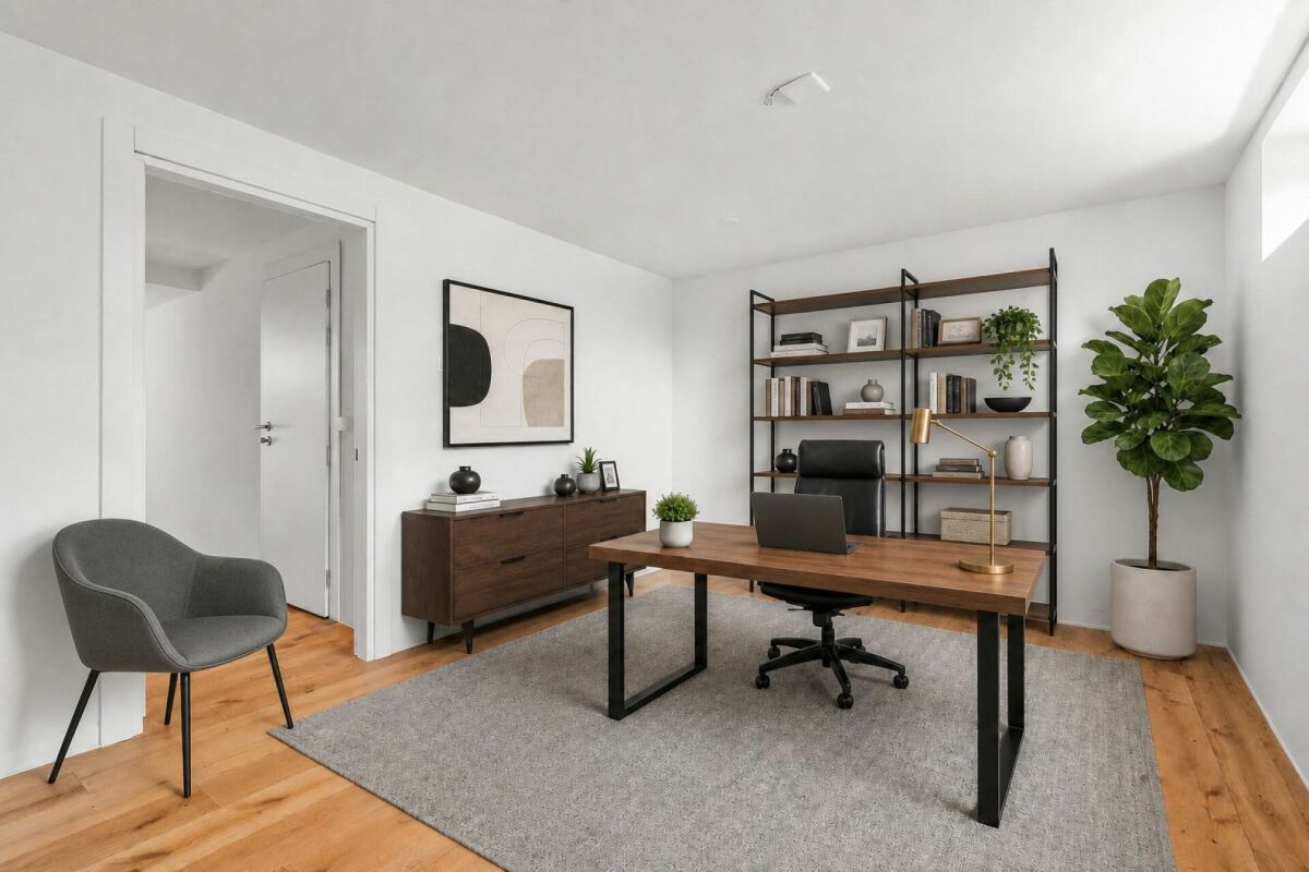Modernes Homeoffice mit Holztisch und Regal