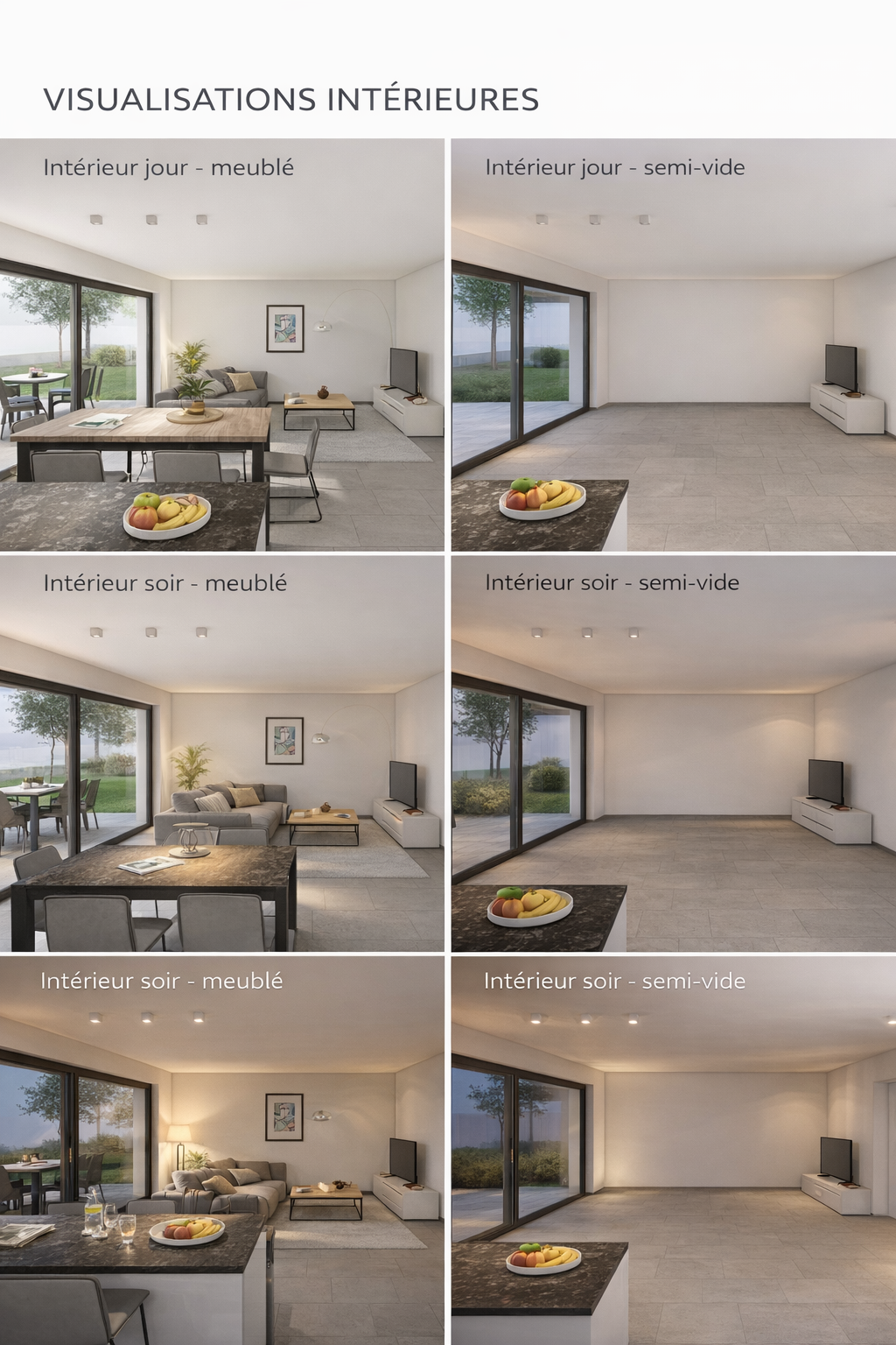 Moderne Wohn-Essvisualisierung mit Terrasse und Gartenausblick