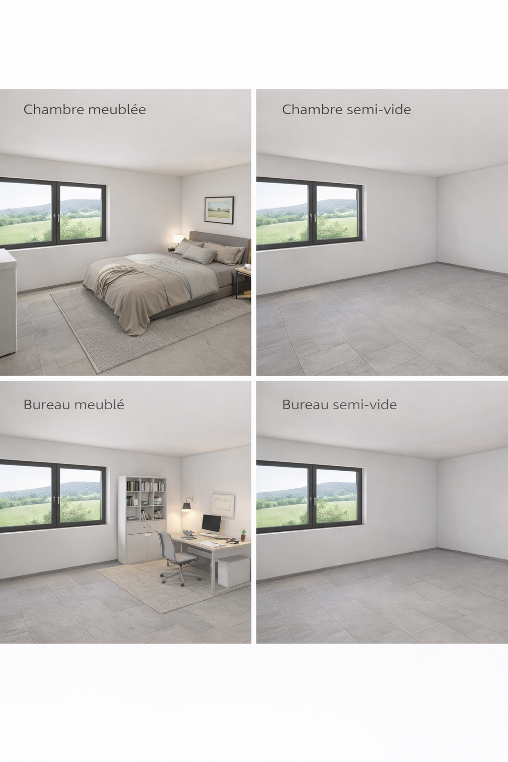Vier Ansichten eines modernen Wohn- und Arbeitsbereichs mit Schlafzimmer und Büro