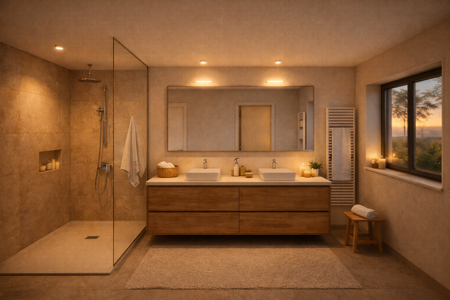Modernes Badezimmer mit begehbarer Dusche und Doppelwaschtisch