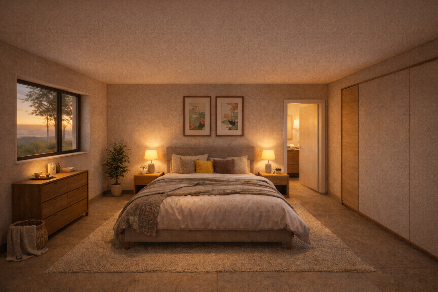 Gemütliches Schlafzimmer bei Sonnenuntergang