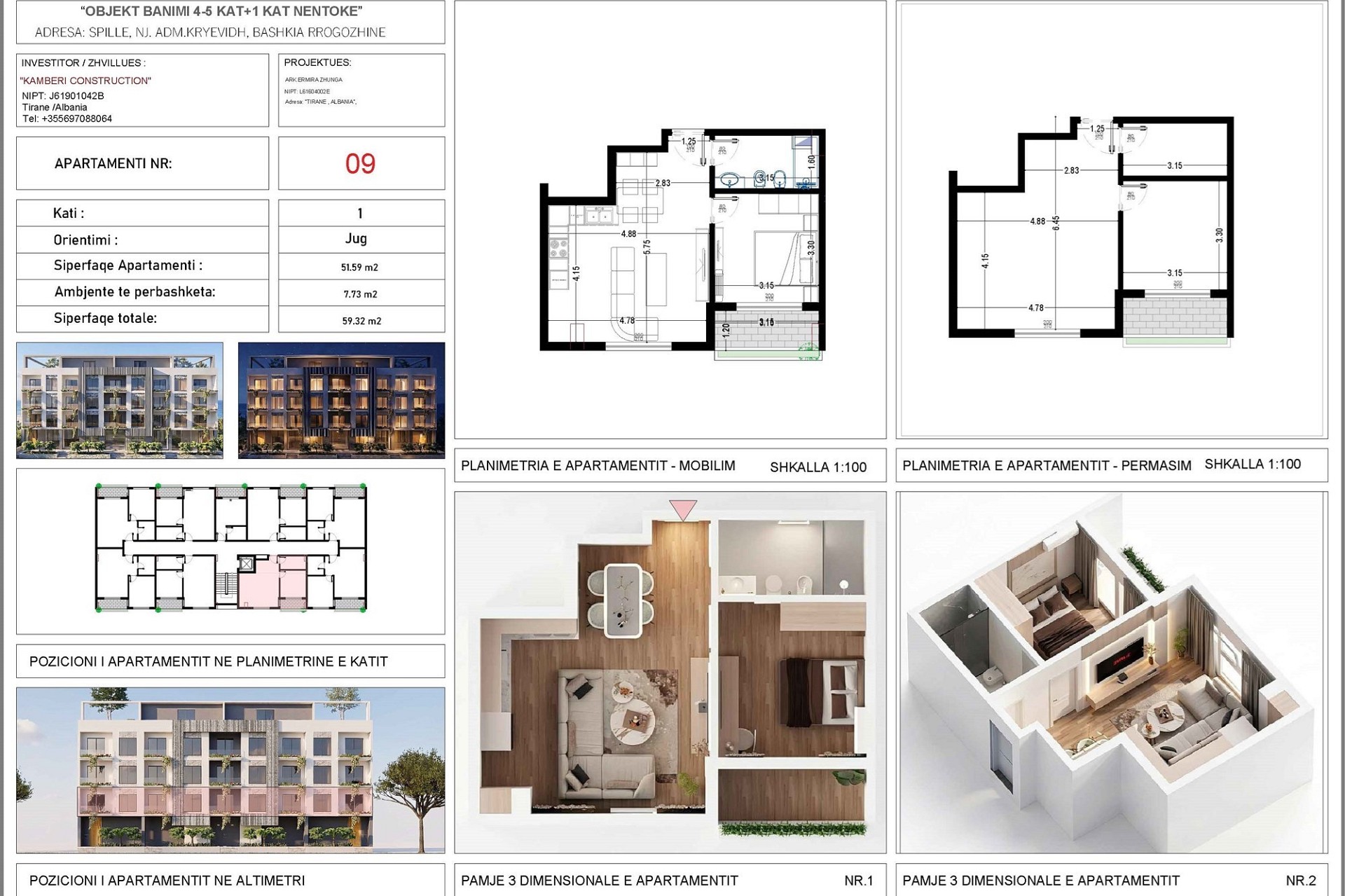 Grundriss eines Apartments mit Gebäudeansichten