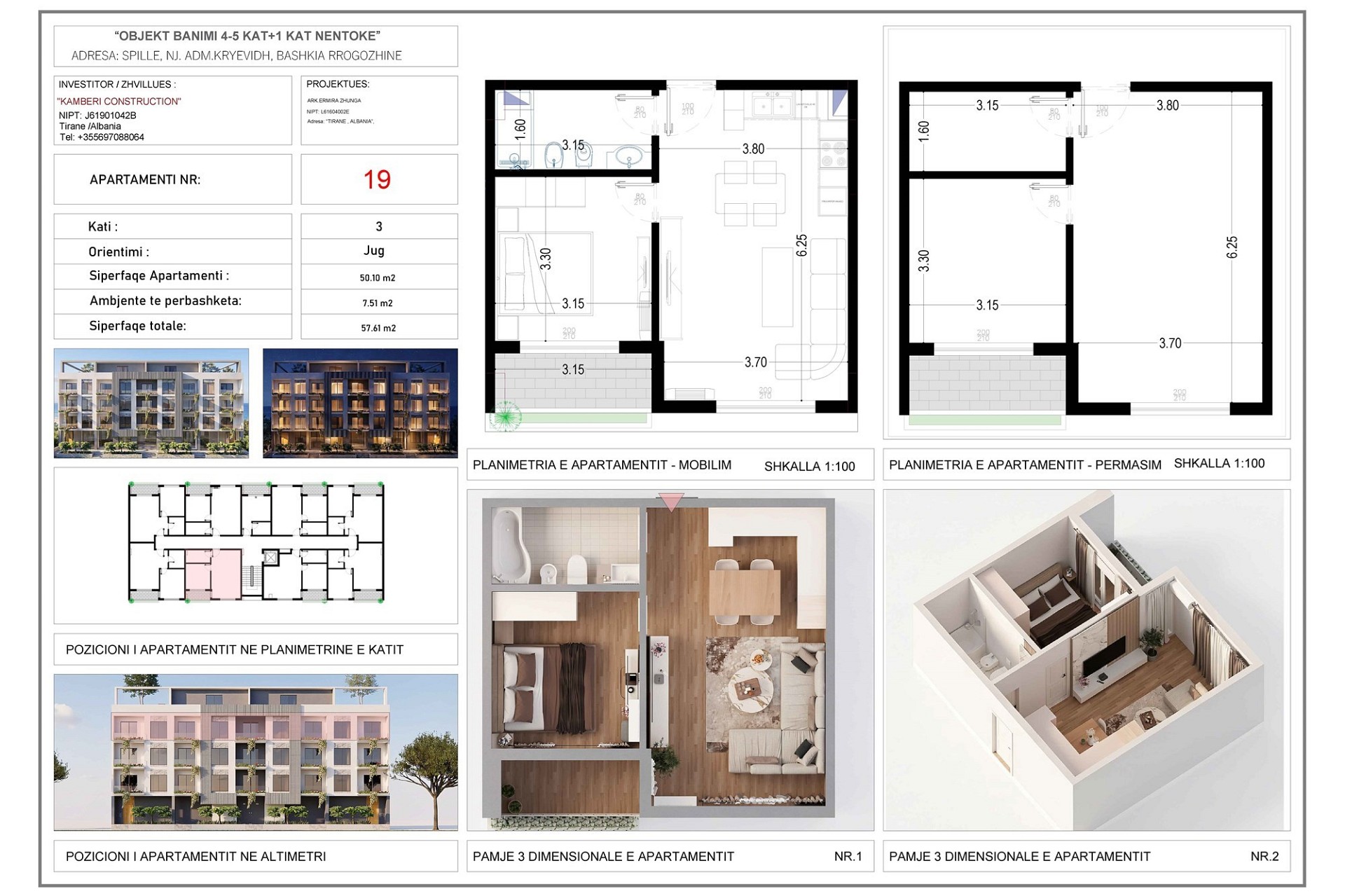 Wohnungsplan mit Grundriss und 3D-Ansichten
