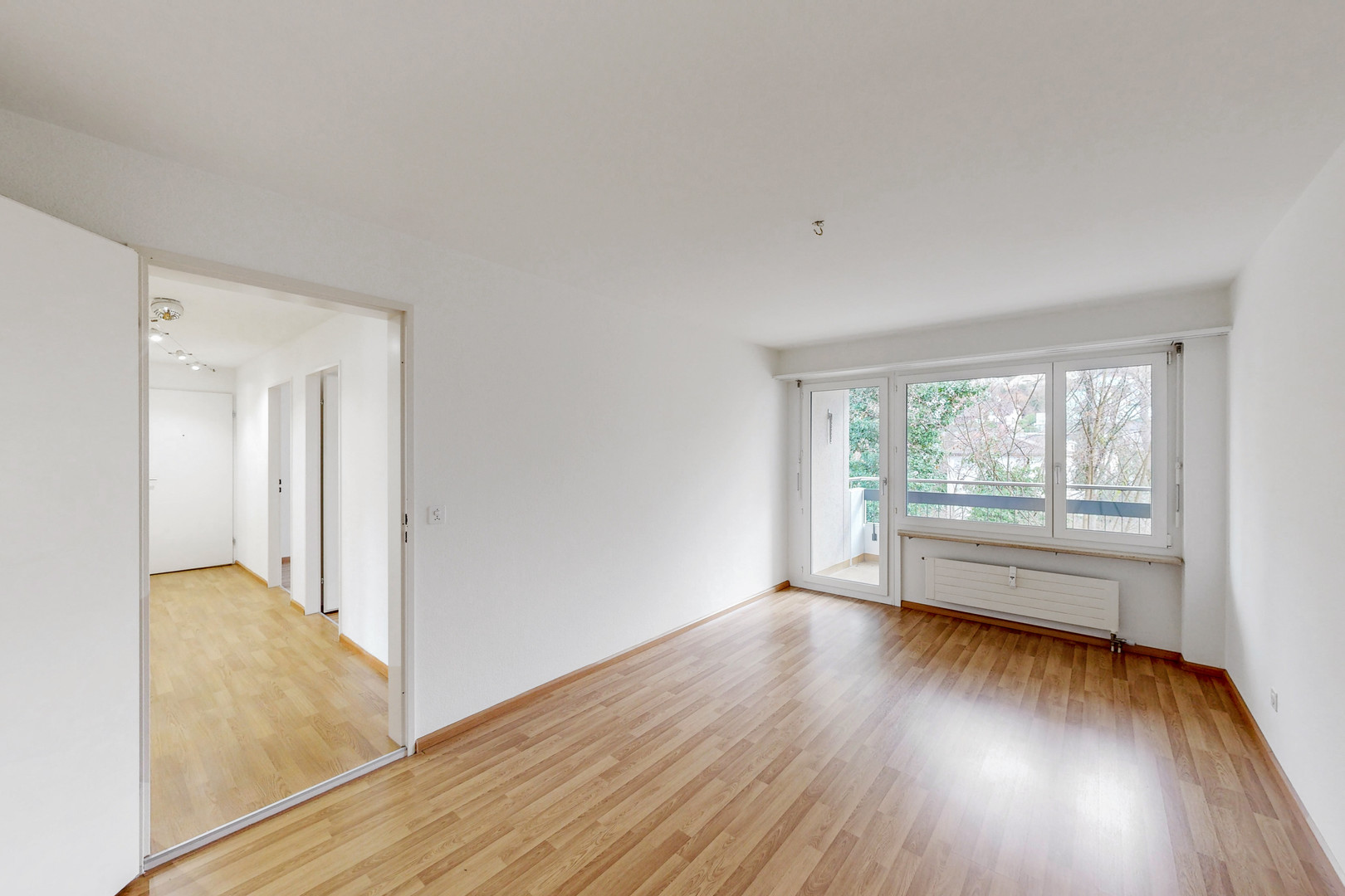 Helles leeres Wohnzimmer mit Balkonblick