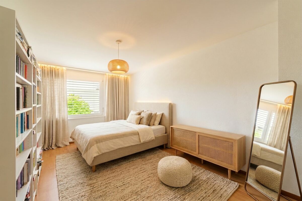 Helles Schlafzimmer mit natürlicher Einrichtung