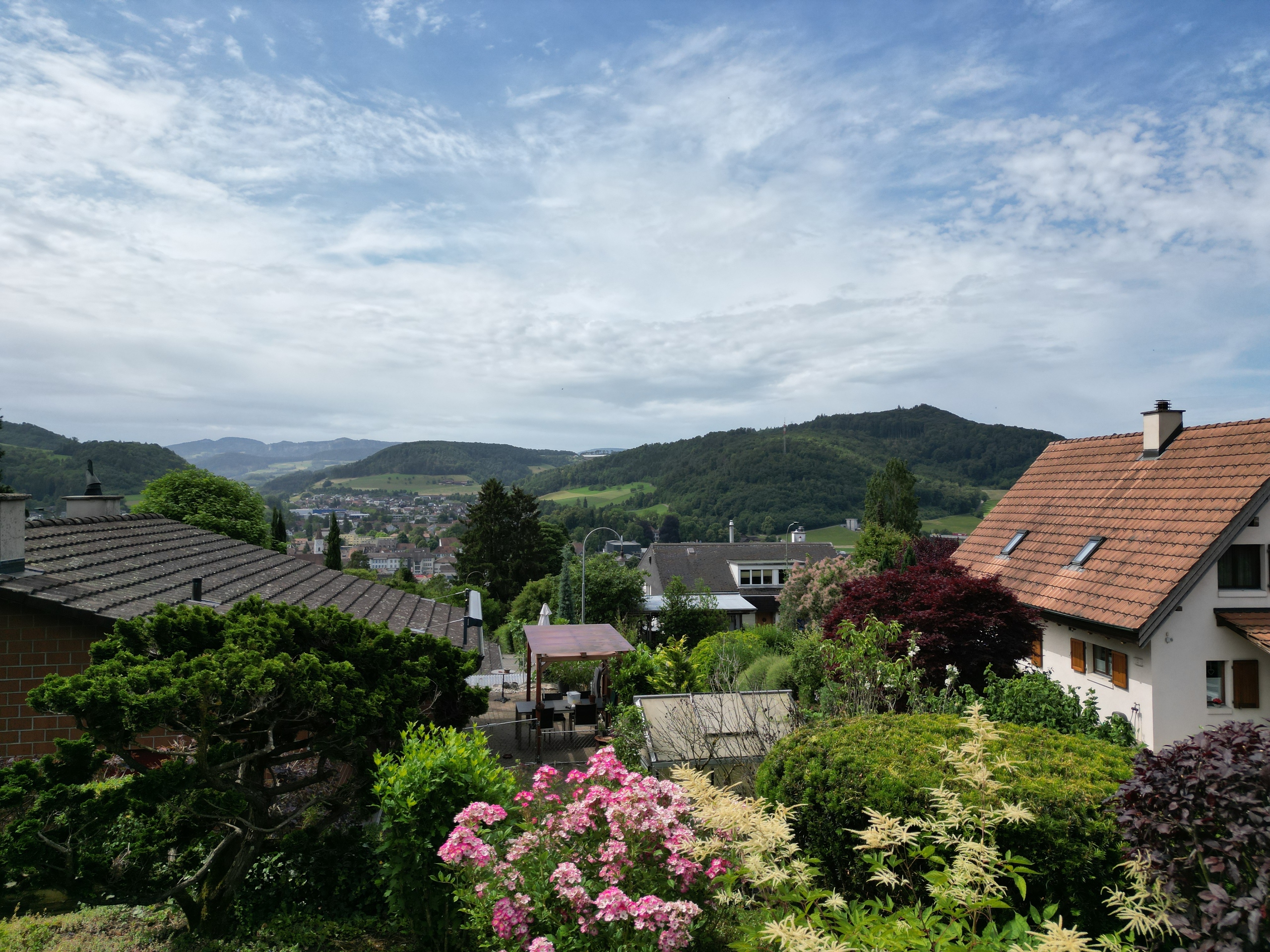 Garten- und Landschaftsblick über Wohnhäuser