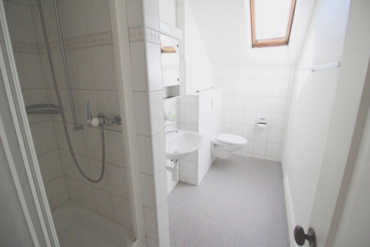 Badezimmer mit Dusche und WC unter Dachfenster