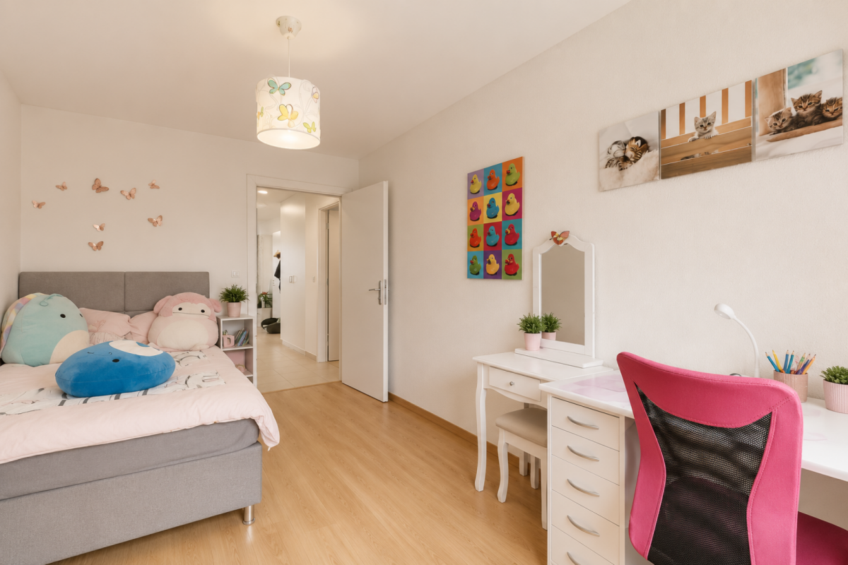 Helles Schlafzimmer mit Kinder- und Schreibtischecke