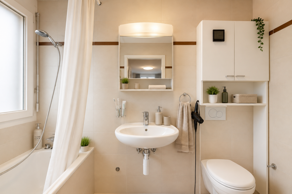 Helles Badezimmer mit Wanne, Waschbecken und WC