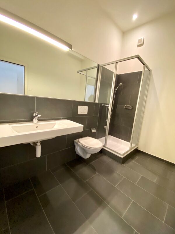 Modernes Badezimmer mit Dusche und wandhängendem WC
