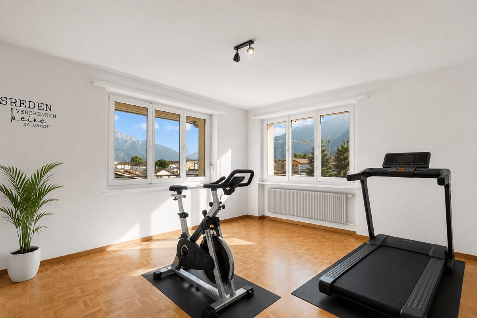 Heller Fitnessraum mit Bergblick