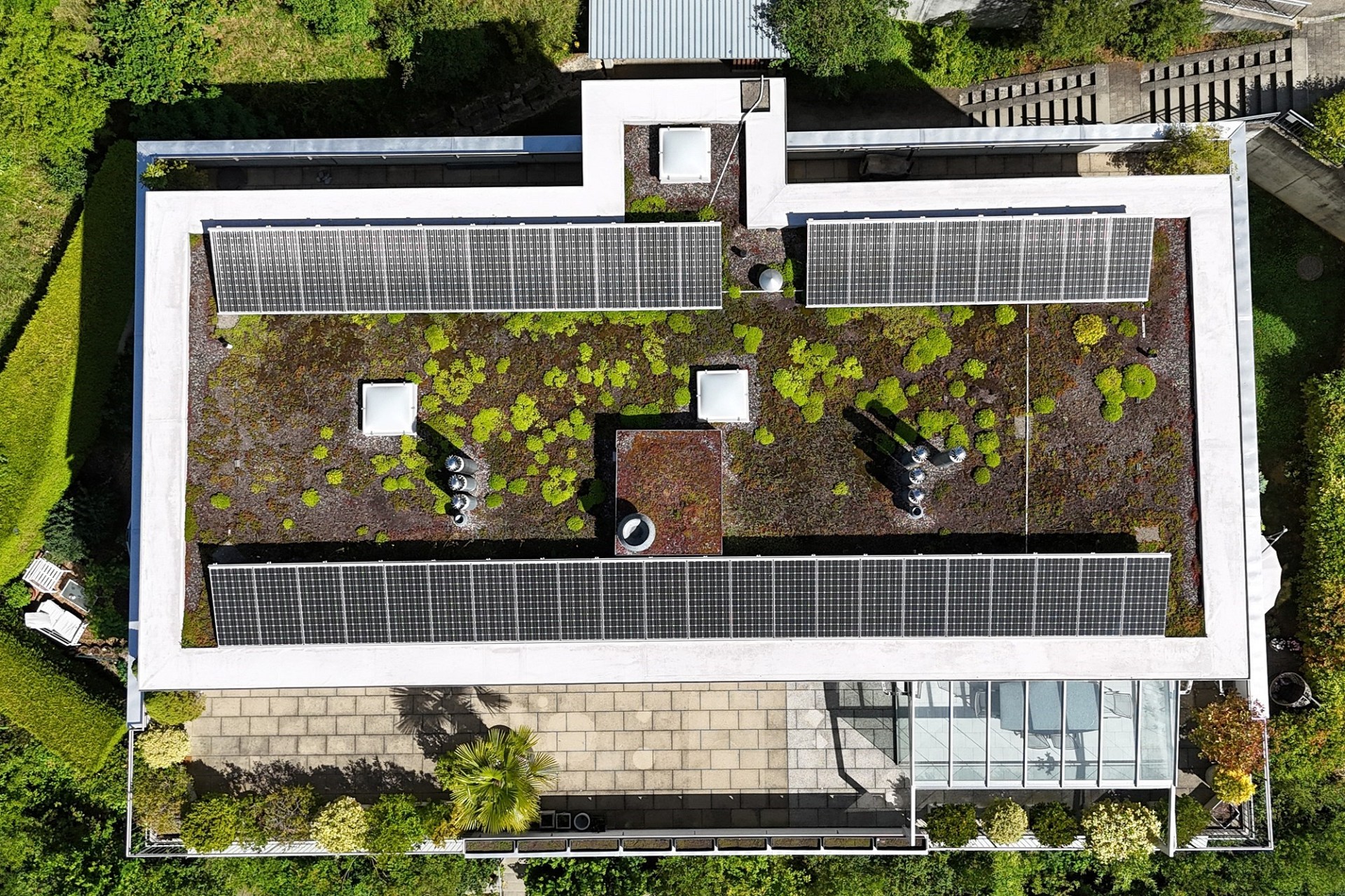 Drohnenaufnahme eines begrünten Flachdachs mit Solarmodulen