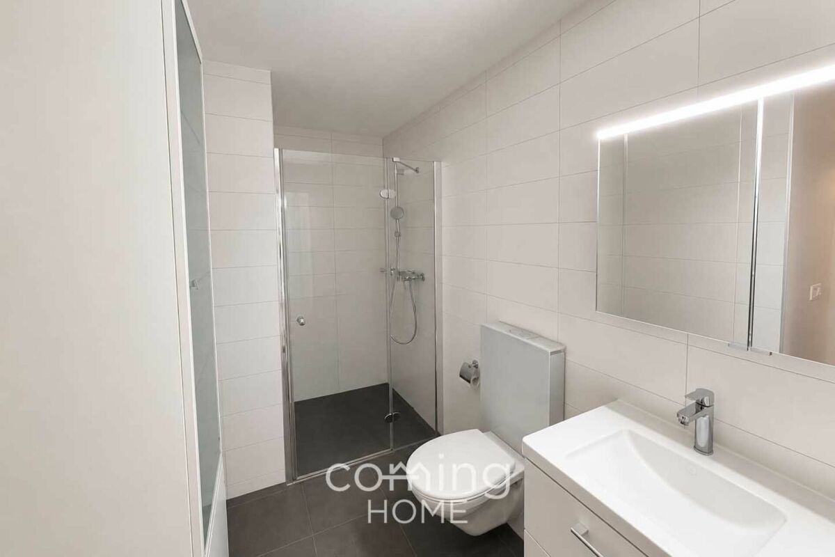 Modernes Badezimmer mit begehbarer Dusche und Waschtisch