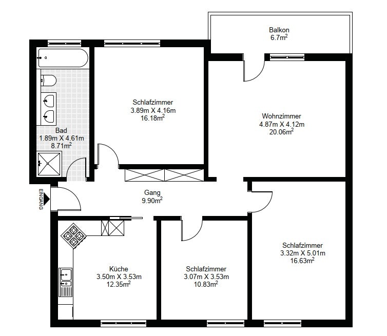 Grundriss einer Wohnung mit Balkon