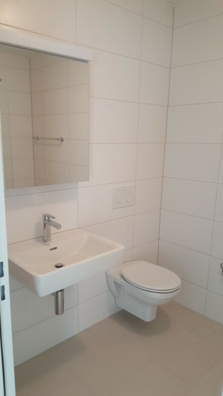 Gäste-WC mit wandhängendem WC und Waschbecken