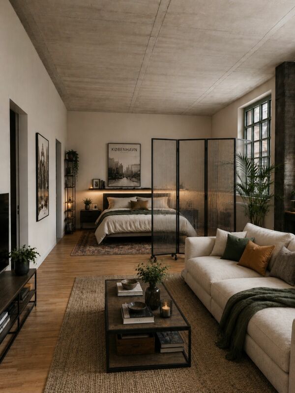 Schlafzimmer mit moderner, offener Einrichtung