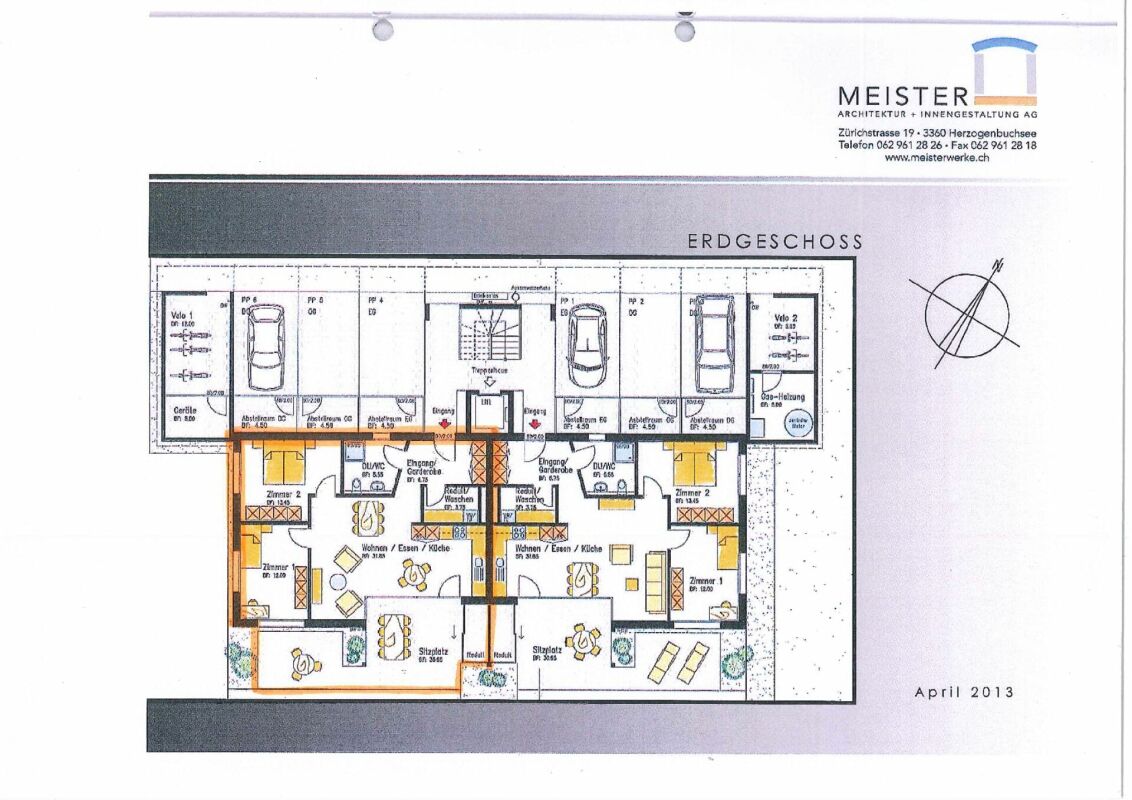 Grundriss Erdgeschoss mit Stellplätzen und Wohnbereichen