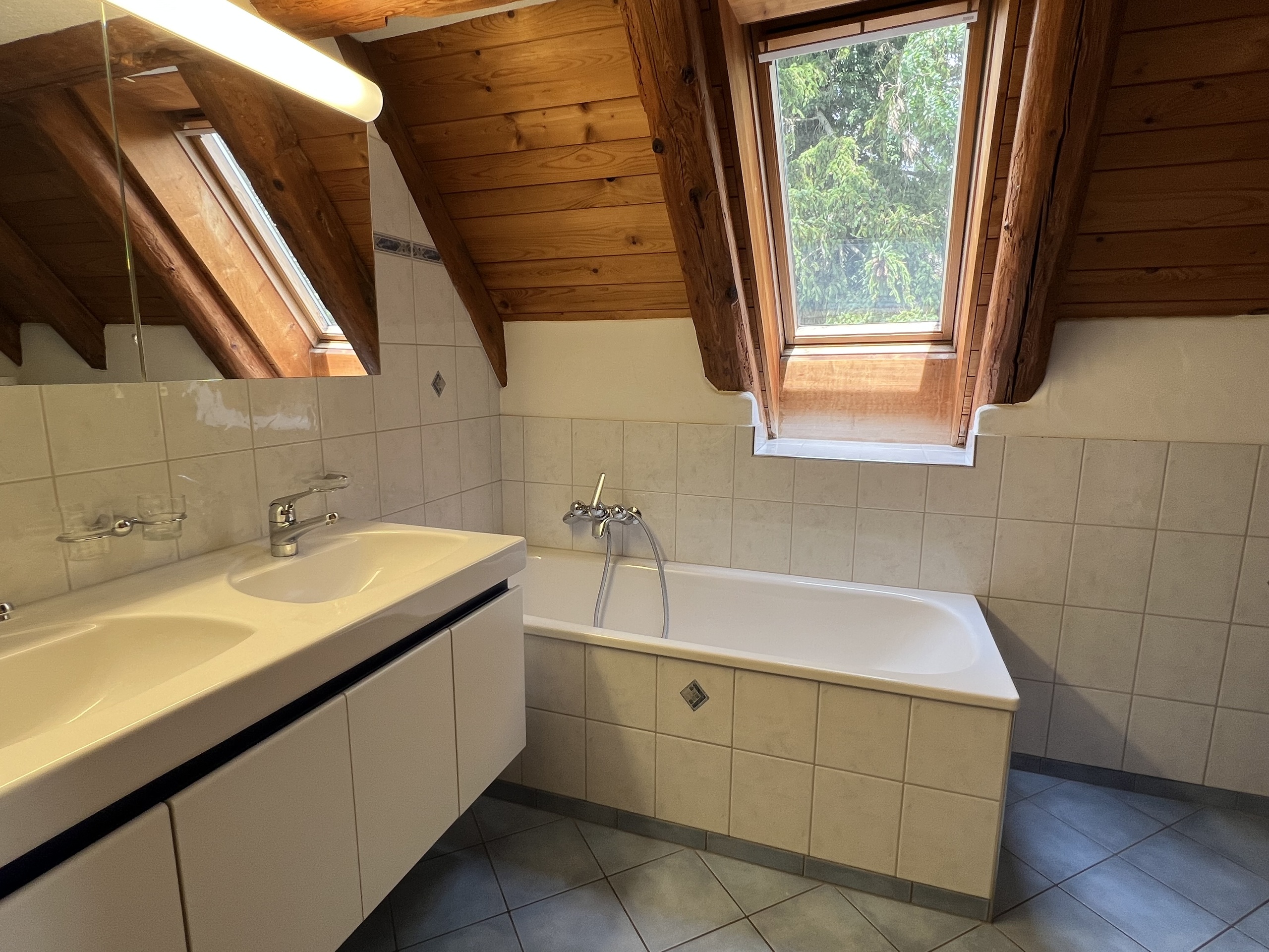 Dachbad mit Badewanne und Dachfenstern