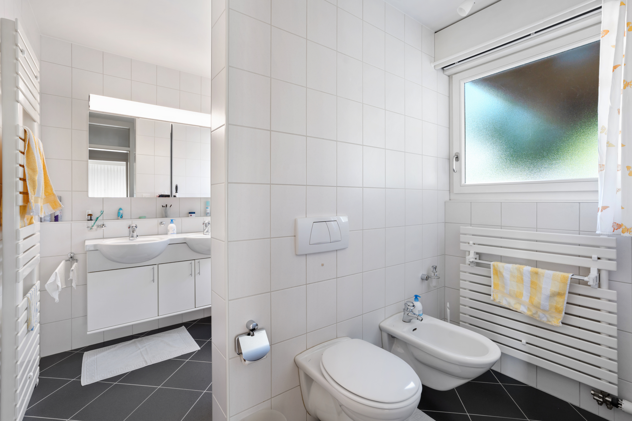 Helles, modernes Badezimmer mit WC und Bidet