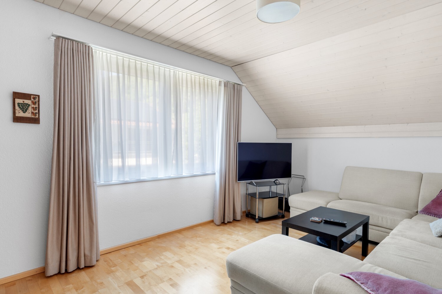 Helles Dachgeschoss-Wohnzimmer mit Sofa und TV