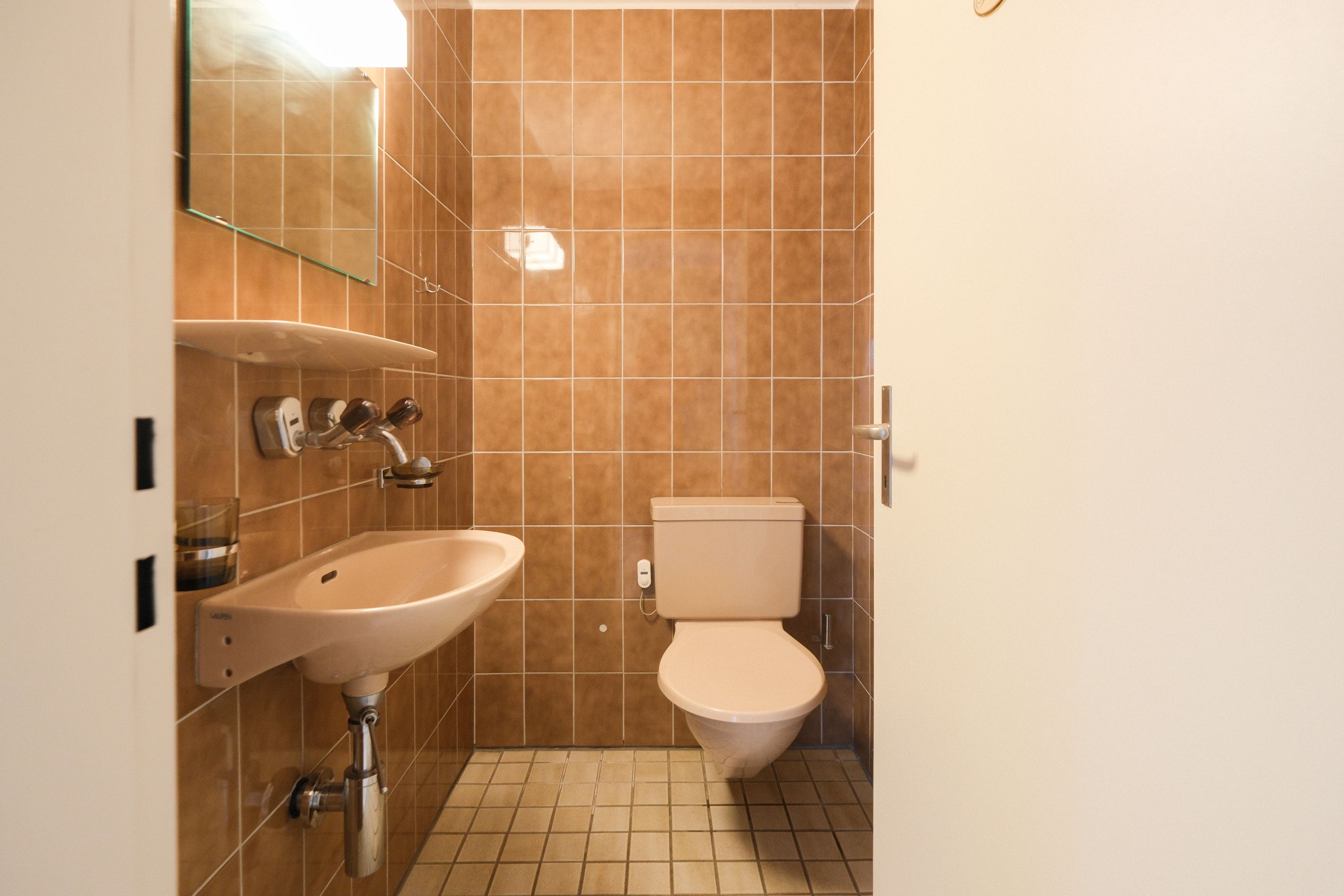 Kleines Gäste-WC mit Wand-WC und Waschbecken