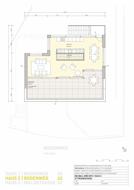 Dachterrassen-Grundriss mit offener Wohnküche
