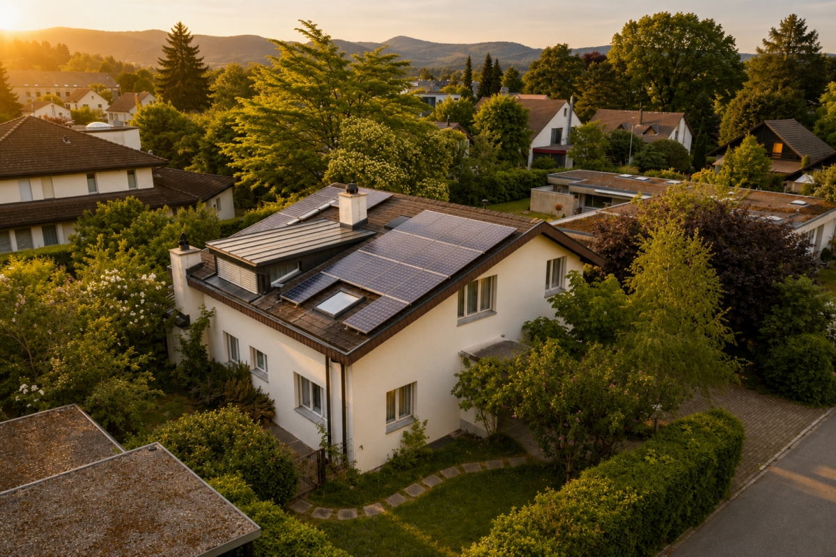 Wohnhaus mit Solardach bei Sonnenuntergang