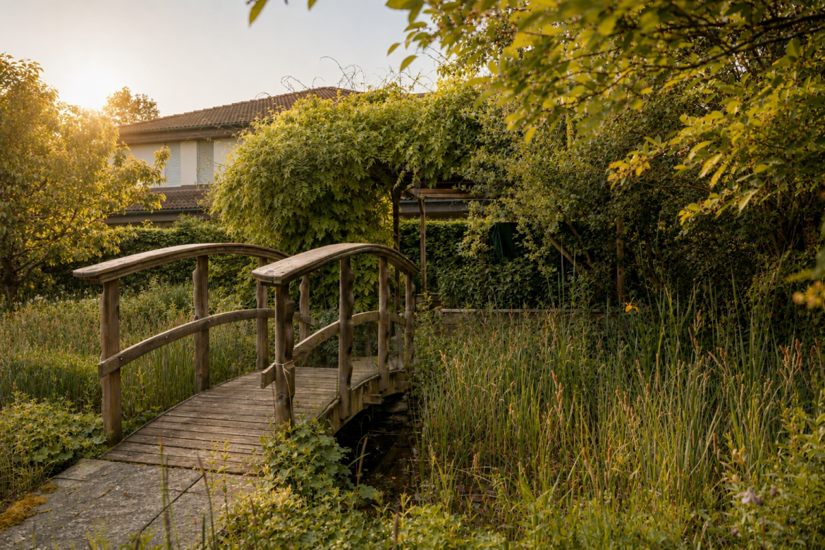 Garten mit Holzbrücke