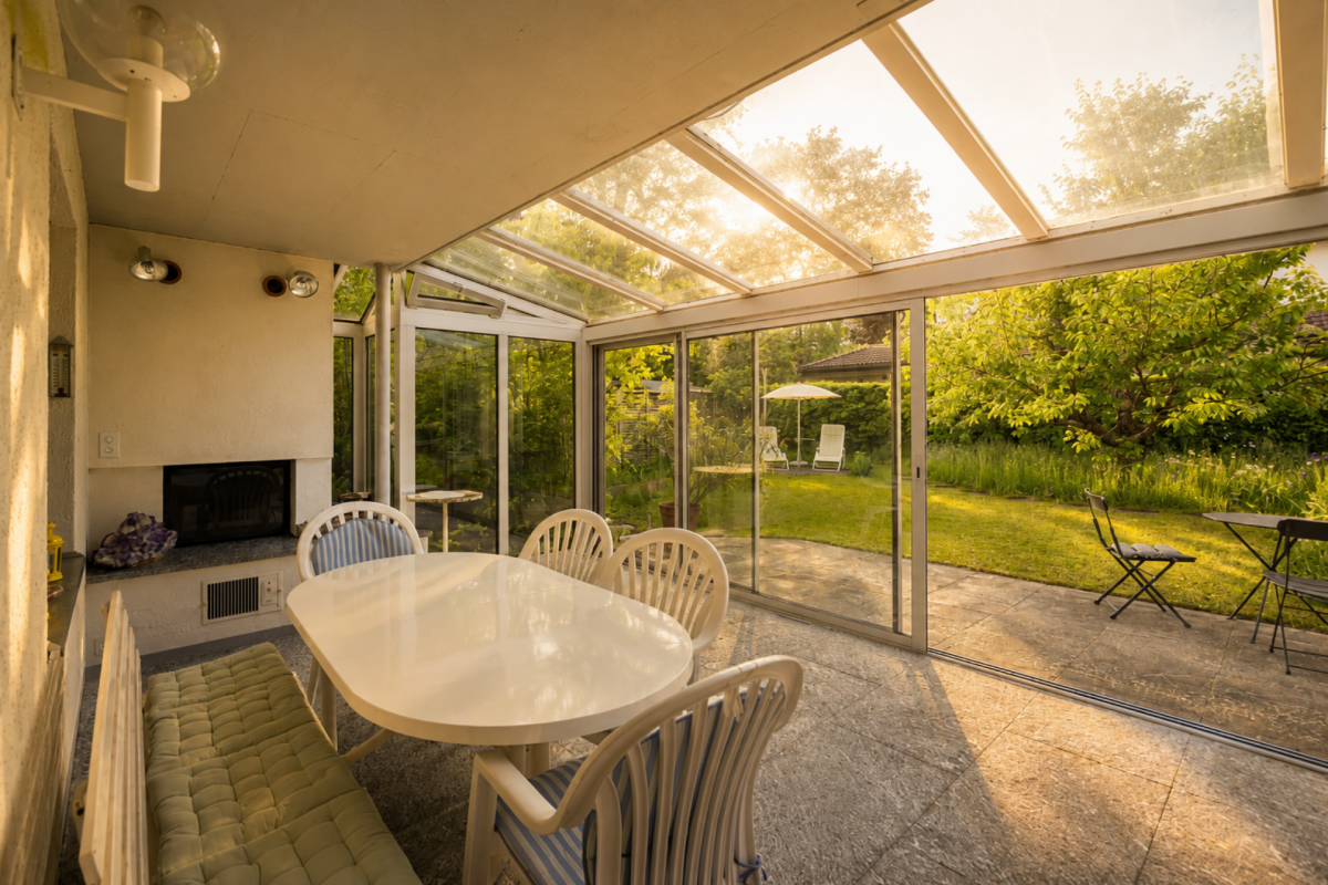 Verglaste Veranda mit Essbereich und Gartenblick
