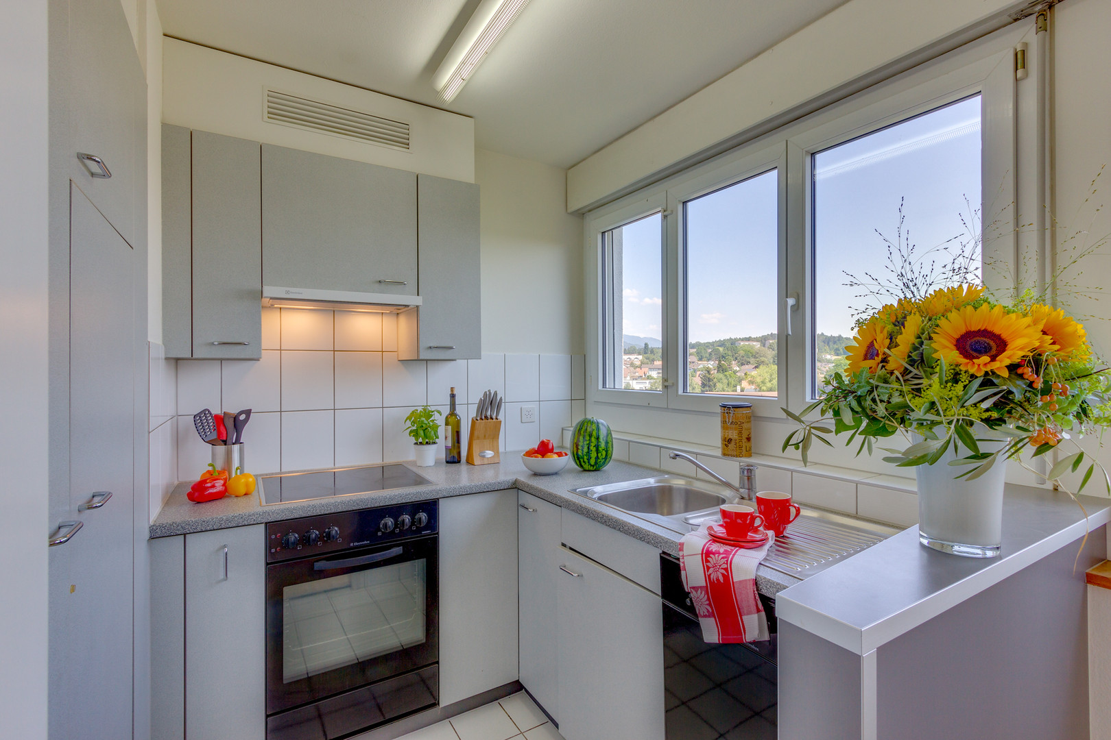 Helle Einbauküche mit Fensterblick