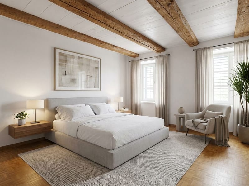 Helles Schlafzimmer mit Holzbalkendecke