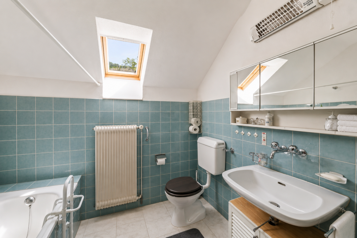 Badezimmer mit Dachfenster und Badewanne