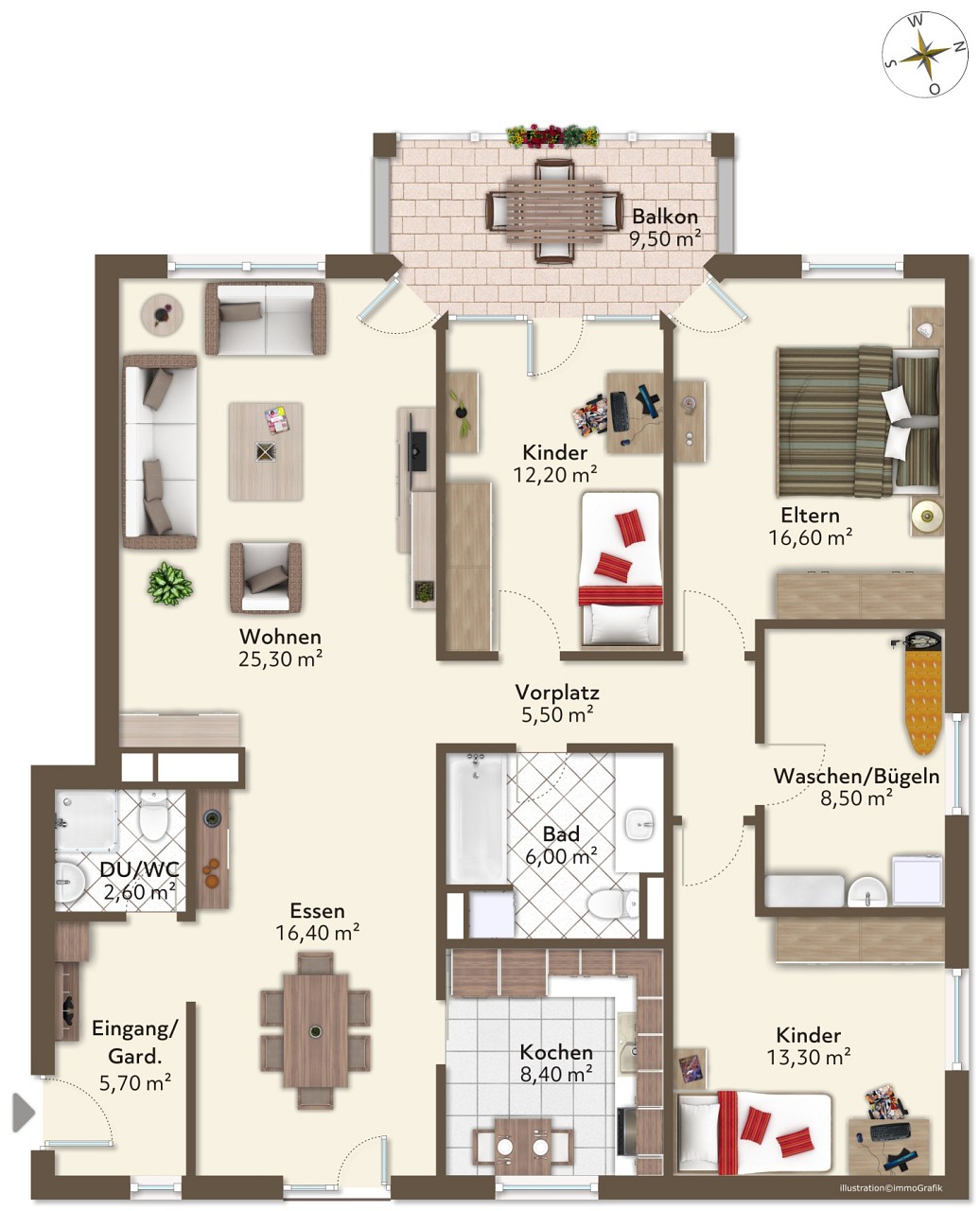 Grundriss einer Wohnung mit Balkon
