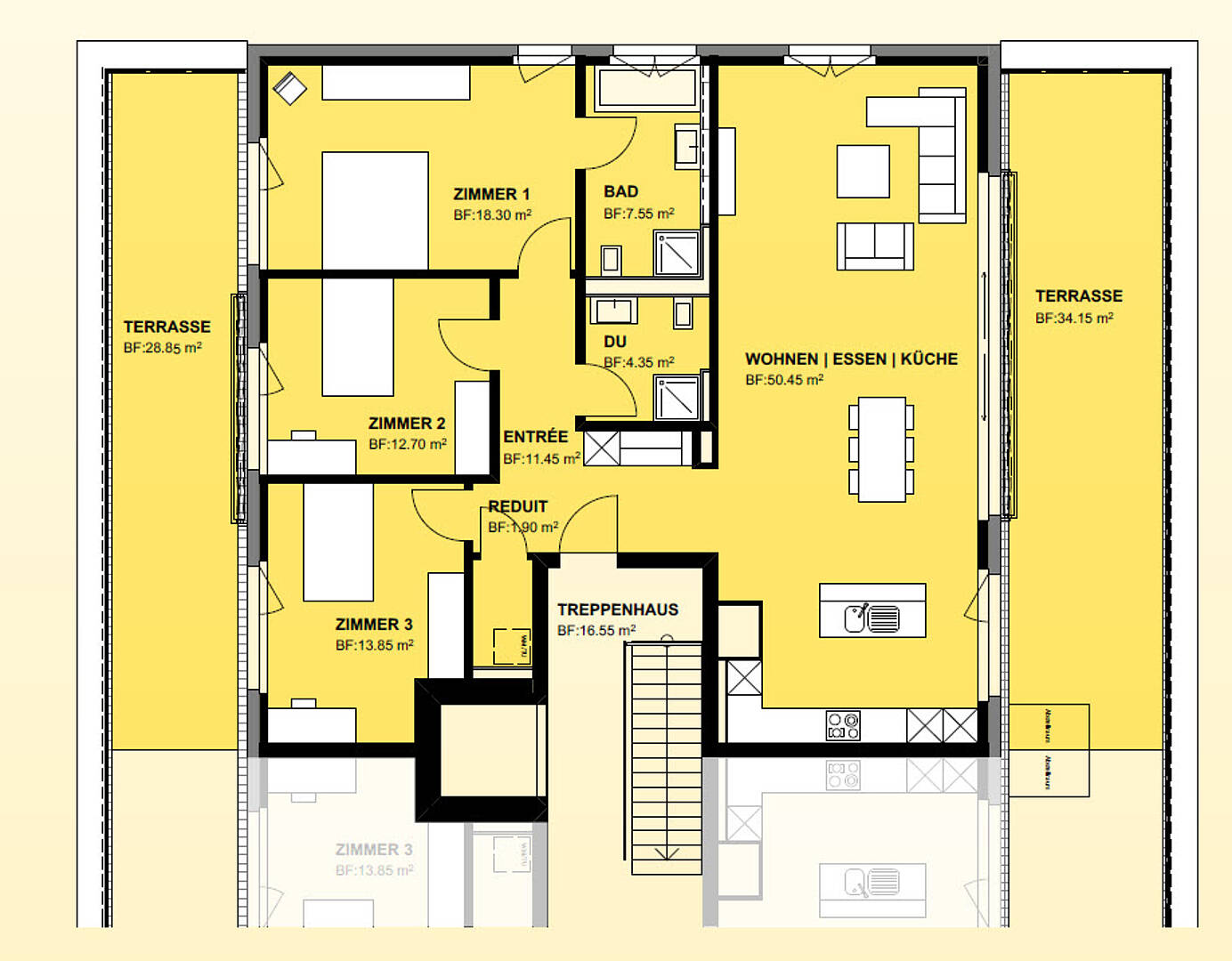 Grundriss einer Wohnetage mit Terrasse