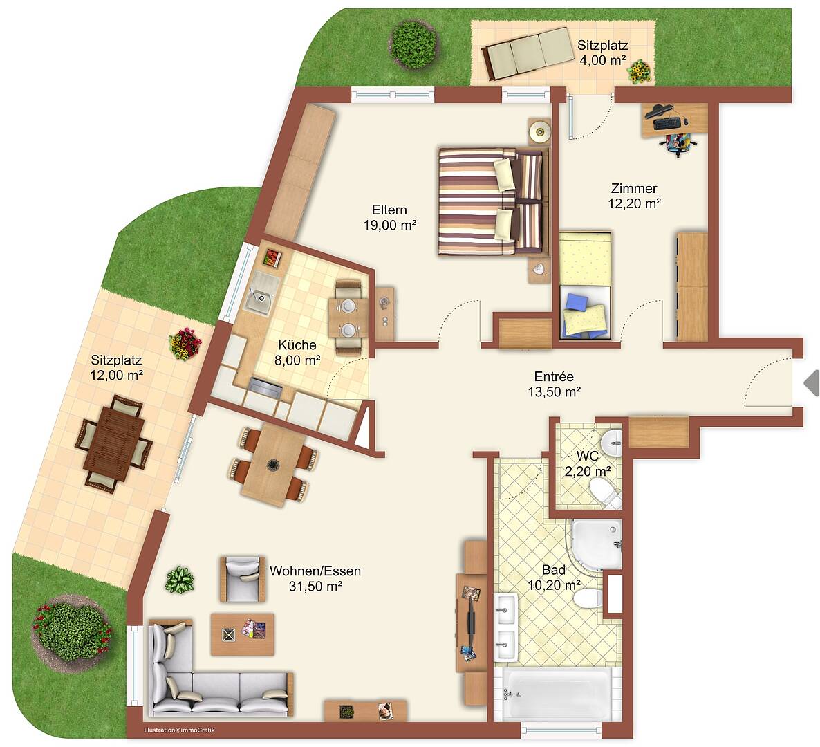 Grundriss einer Wohnung mit Garten- und Sitzplatzbereichen