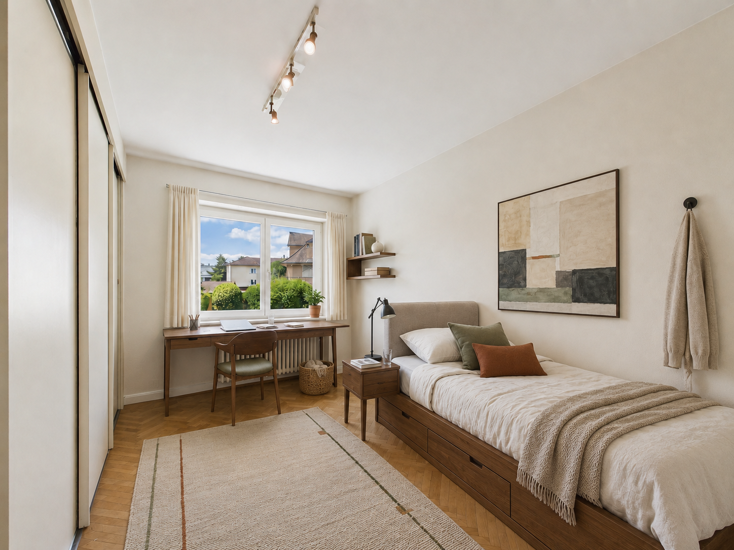 Helles Schlafzimmer mit Arbeitsplatz