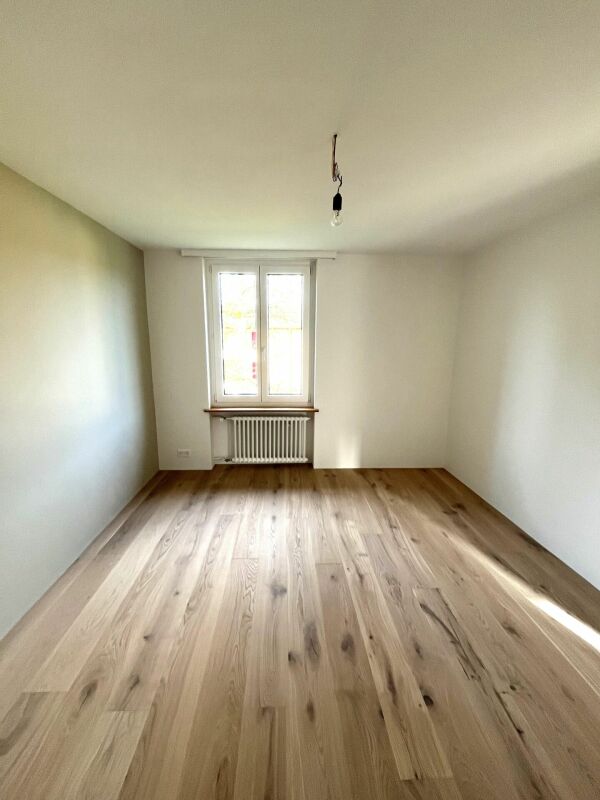 Leerer, renovierter Wohnraum mit Holzfußboden
