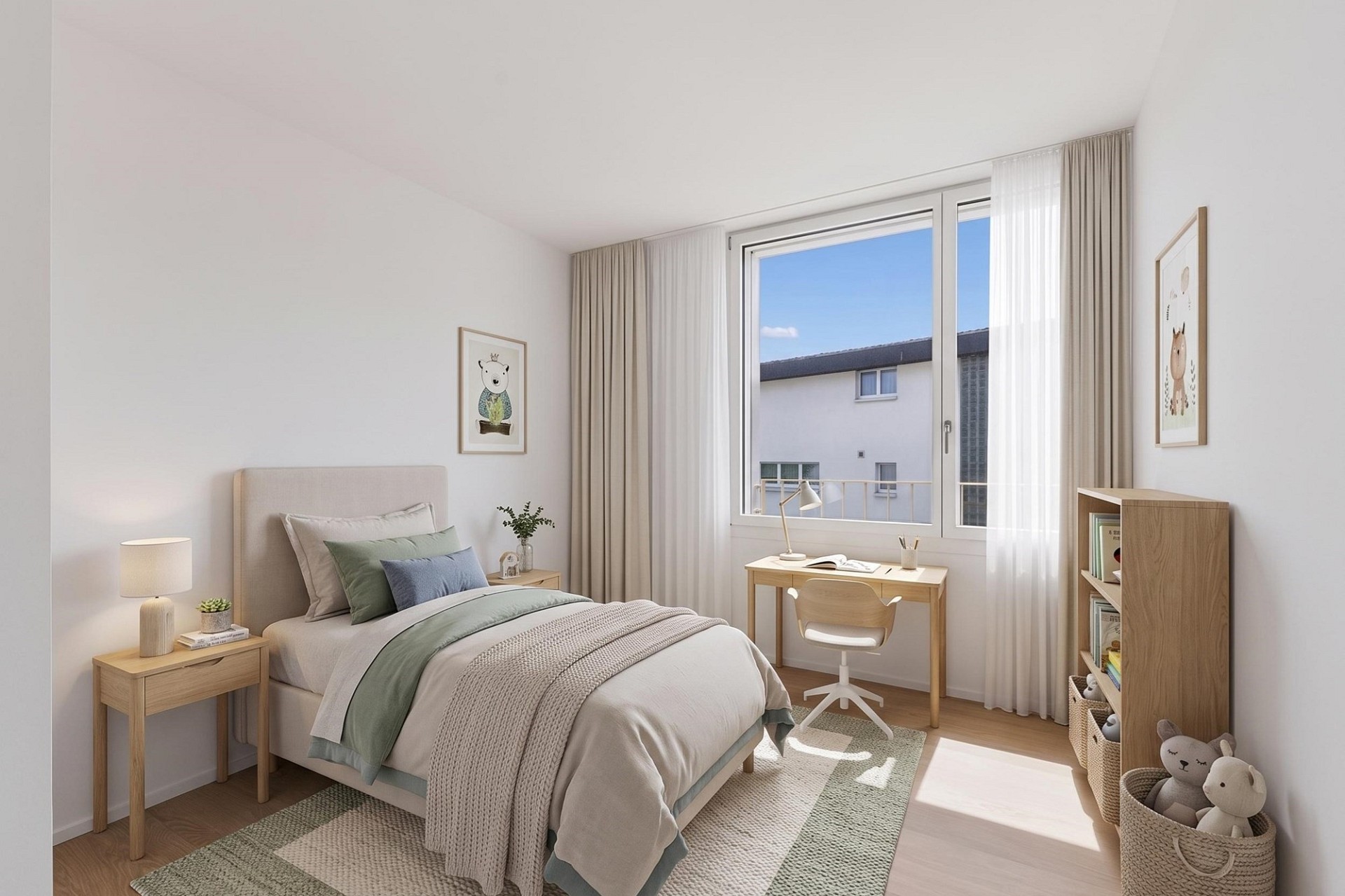 Helles Kinder- oder Gästezimmer mit Schreibtisch