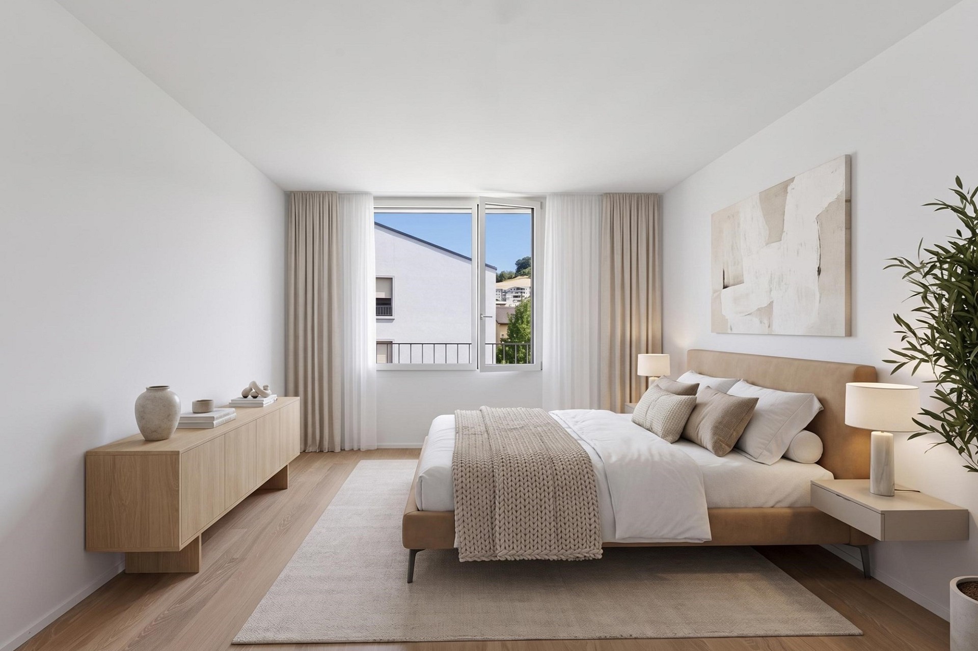 Helles, minimalistisch eingerichtetes Schlafzimmer