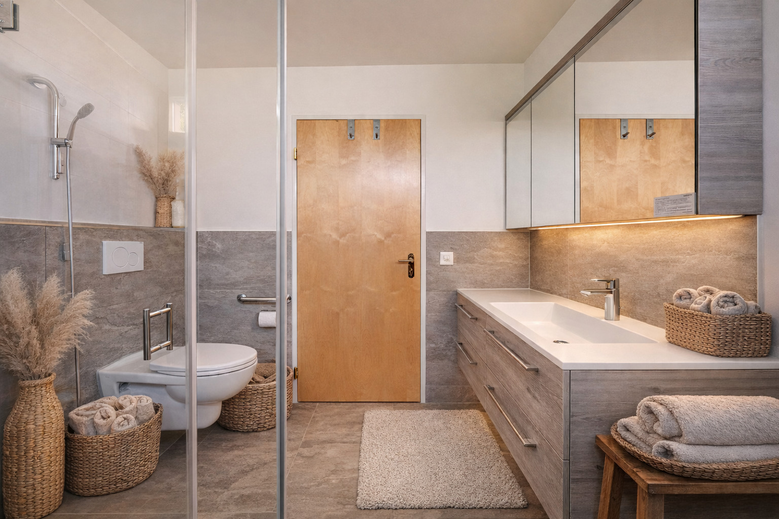 Modernes Badezimmer mit Holzoptik und großzügigem Waschtisch