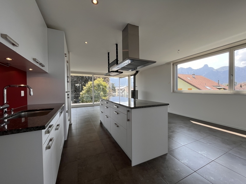 Offene moderne Küche mit Insel und Bergblick