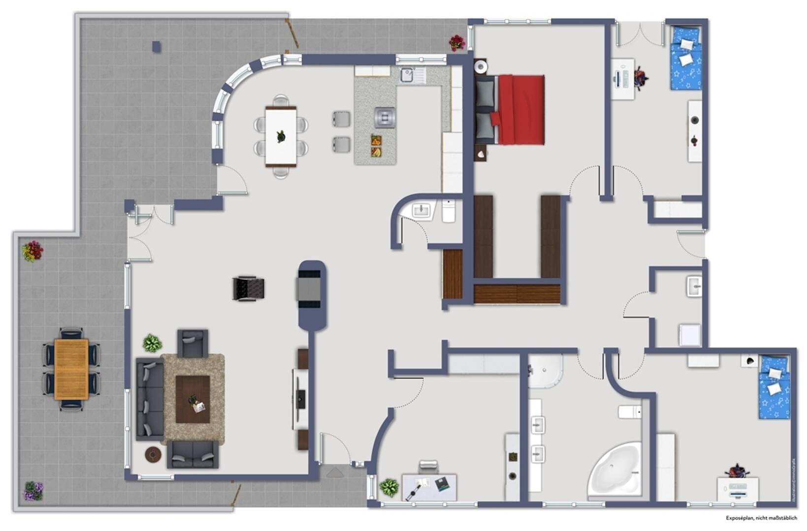 Grundriss eines Hauses mit Terrasse und mehreren Zimmern