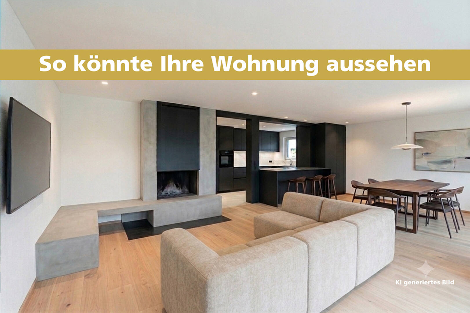 Offener Wohn-, Ess- und Küchenbereich mit Kamin