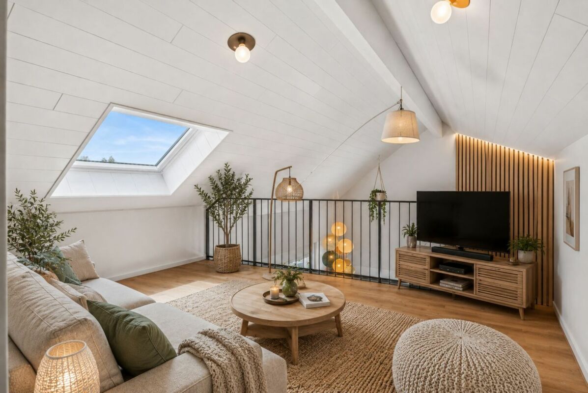 Helles Dachgeschoss-Wohnzimmer mit gemütlichem Skandi-Look