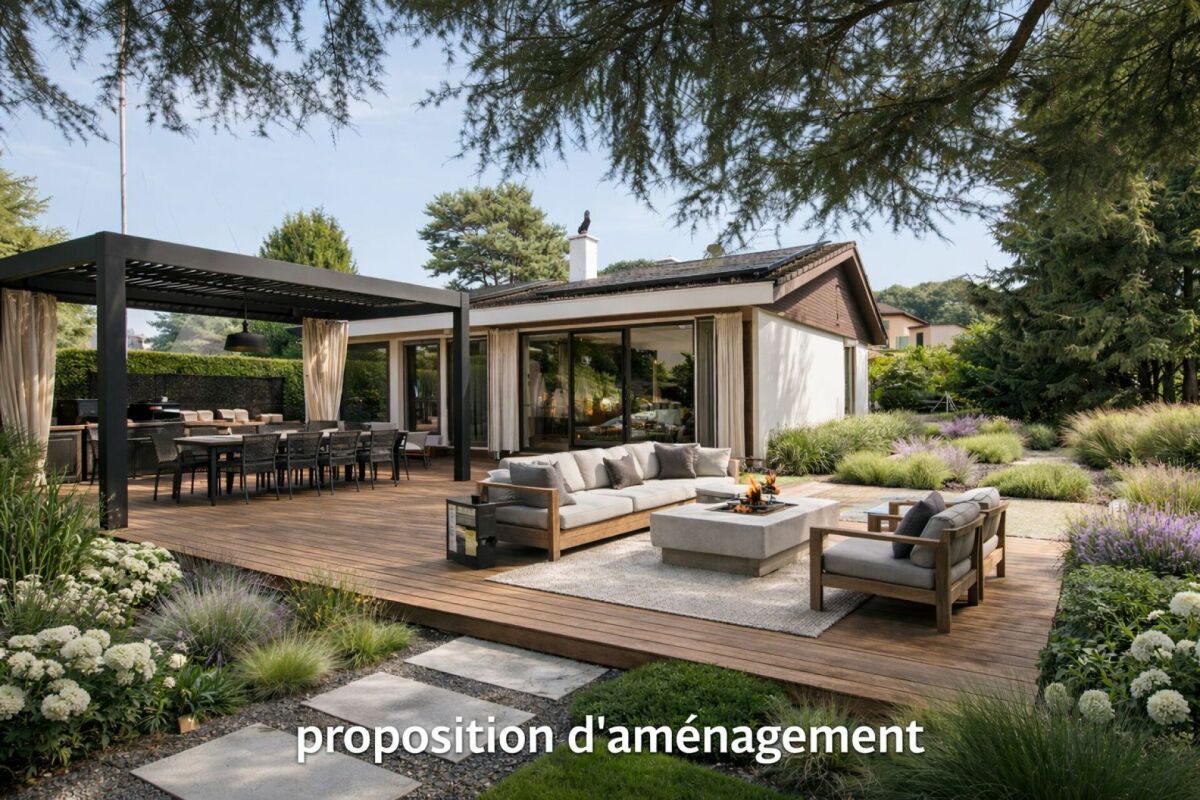 Gestaltete Gartenlounge mit Pergola