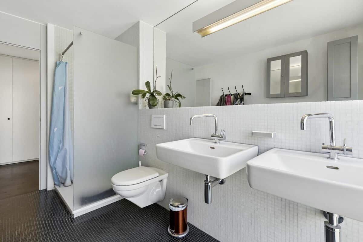 Modernes Badezimmer mit Doppelwaschtisch und Dusche