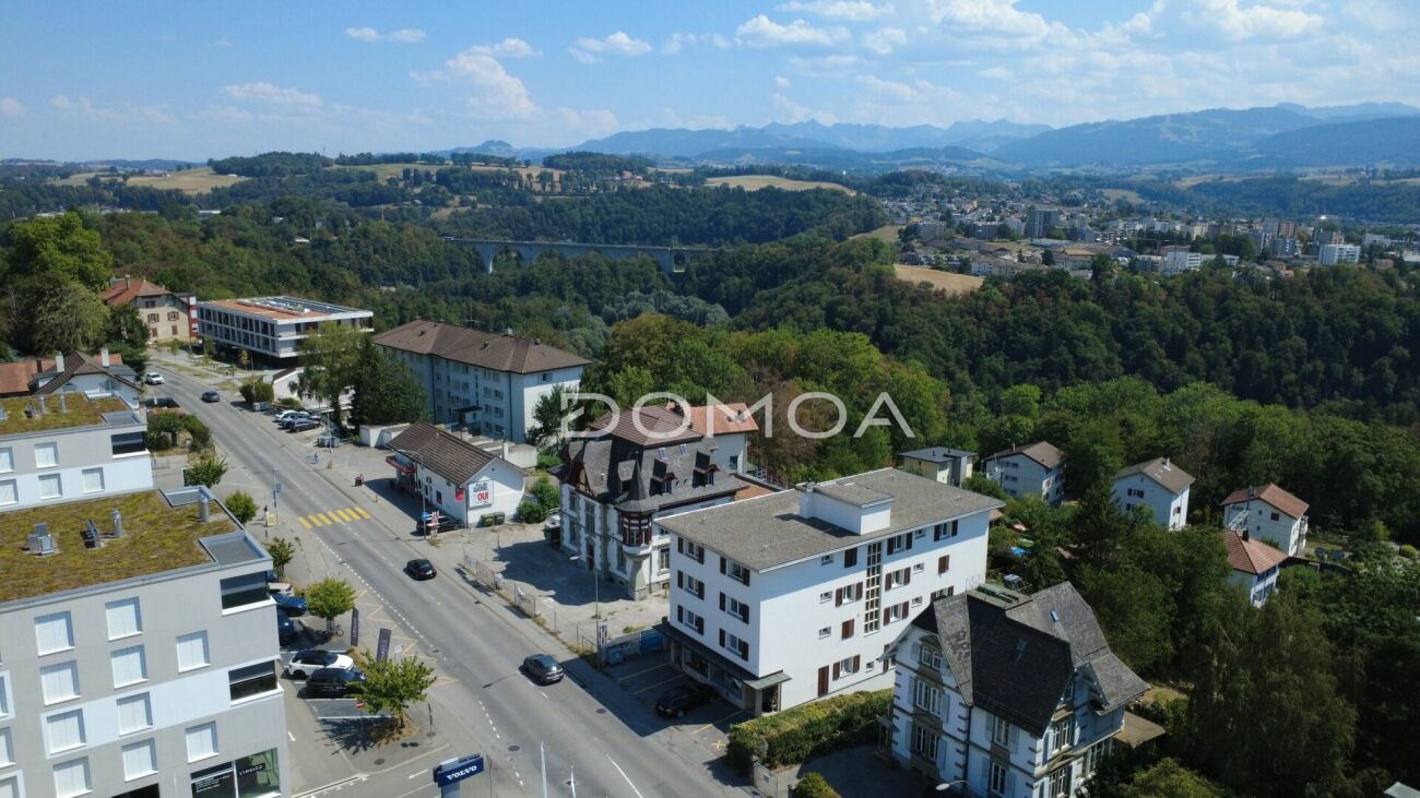 Luftaufnahme einer Wohngegend mit Panoramablick