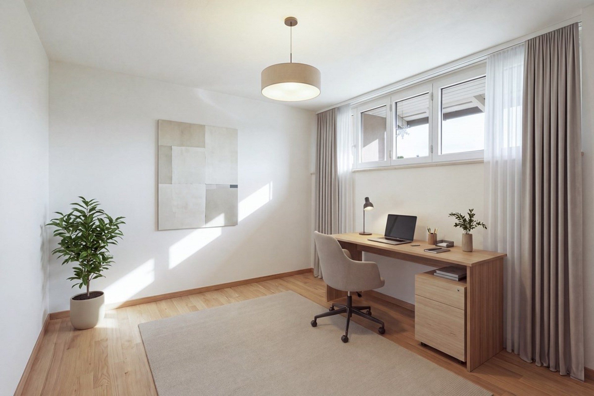 Helles Homeoffice mit Holzoptik und Tageslicht