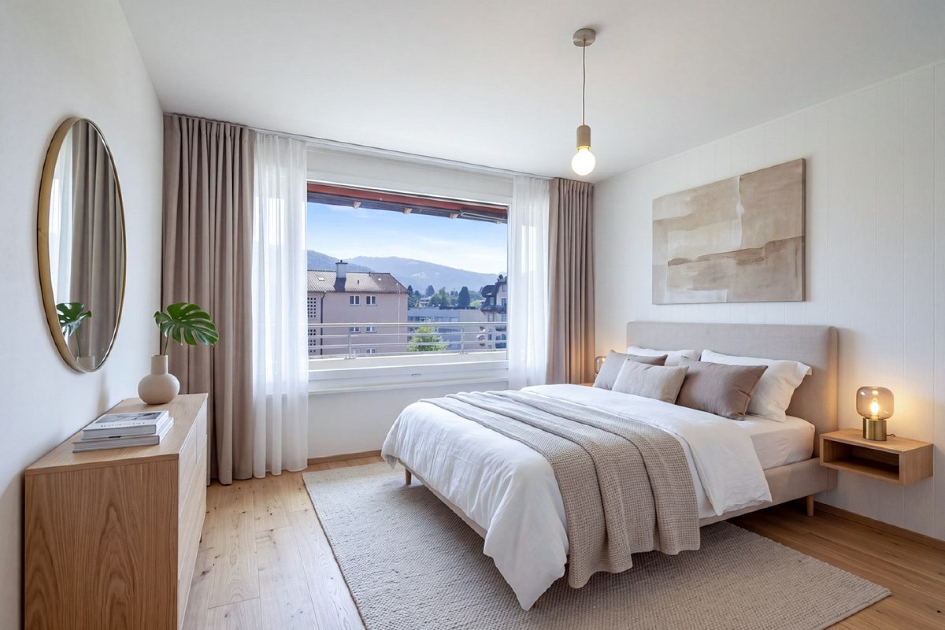 Helles Schlafzimmer mit Bergblick